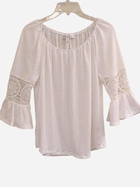 Anne Liege White Crochet Detail Bell Sleeve Blouse Petite Small | Boho Top
